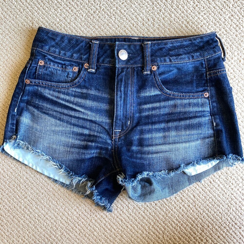 American Eagle Blue Denim Cotton Hi-Rise Festival Jean Frayed Short Shorts Sz 2
